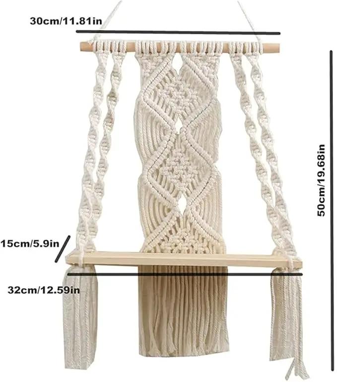 Macrame Wall Hanging Plant Decor Shelf Indoor Outdoor Floating Wood shelve Decorative Hand Made Rope Boho Shelving for Plants by GreenHaven Gardens