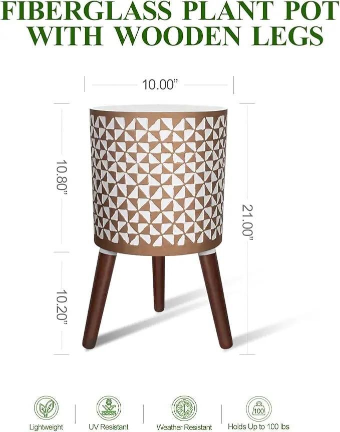 10 Inches Plant Pots with Wood Stand Large Modern Standing Planters for Indoor Mid Century Flower Pot with Drainage Holes Big White & Gold Planters for Living Room, Office, Garden or Balcony by GreenHaven Gardens