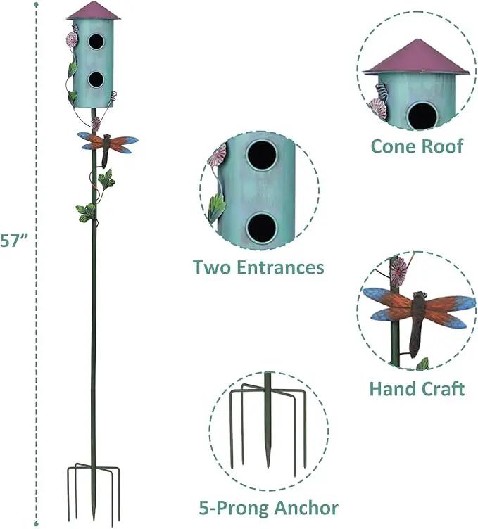 BAYN 57” Bird Houses Stake for Outside, Metal Wild Bird Feeder Double-Hole Birdhouse Stake with Cylinders Design Outdoor Decorations for Patio, Backyard, Garden by GreenHaven Gardens