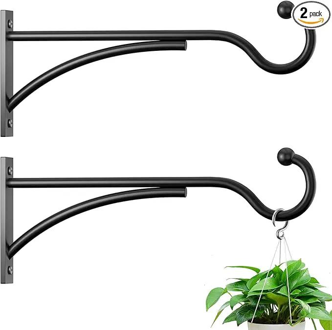 Outdoor Plant Hanging Hooks for Wall: 11 Inch Black Metal Bracket for Hanging Baskets, Bird Feeders, Wind Chimes, Flower Baskets, Yoga Mat, Lanterns. 2 Pack by GreenHaven Gardens