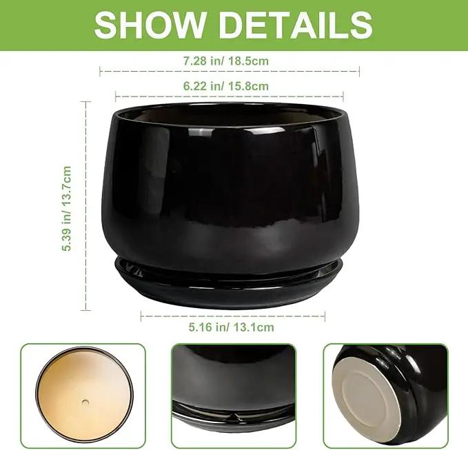 G EPGardening Ceramic Planter 7 Inch - Ceramic Pot for Plants with Drainage and Saucer, Round Plant Pots, Modern Indoor Outdoor Planter, Home Decor, Garden Gifts, Black by GreenHaven Gardens