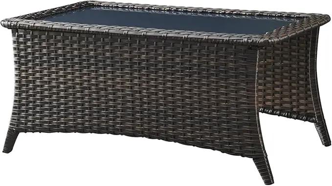 Patio Tables Wicker Coffee Table - Outdoor Rattan Coffee Tables with Glass Top for Patio Proch Deck Balcony Rectangle Brown by GreenHaven Gardens