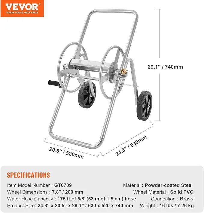 VEVOR Hose Reel Cart, Hold Up to 175 ft of 5/8’’ Hose (Hose Not Included), Garden Water Hose Carts Mobile Tools with Wheels, Heavy Duty Powder-coated Steel Outdoor Planting for Garden, Yard, Lawn by GreenHaven Gardens