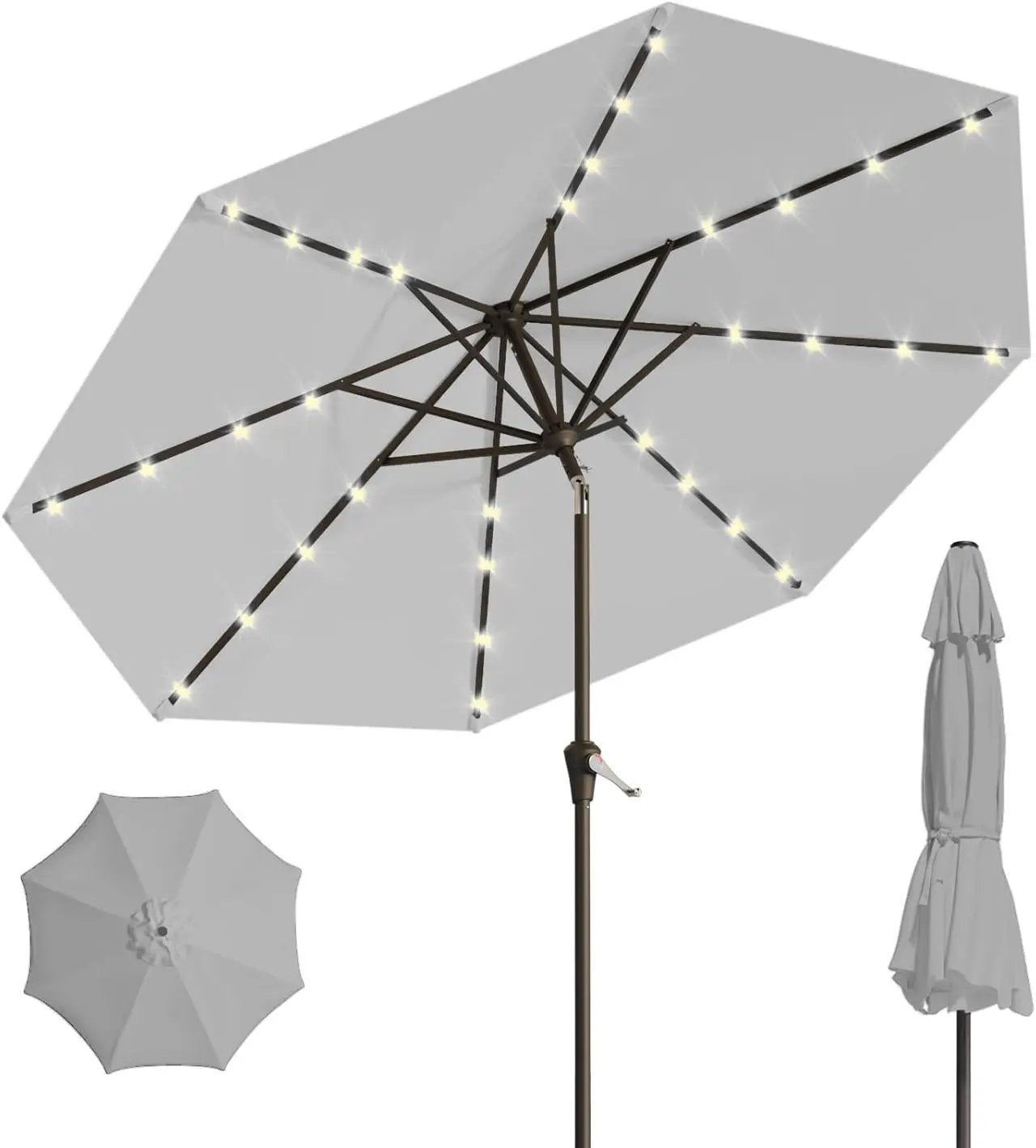 9FT Solar Umbrella 32 LED Lighted Patio Umbrella Table Market Umbrella w/Tilt and Crank, UV-Resistant Outdoor Umbrella for Pool, Garden, Deck, Light Gray by GreenHaven Gardens