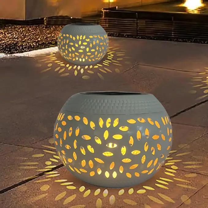 Solar Table Light Outdoor Waterproof- Solar Powered LED Lamp Hollowed-Out White Metal Desktop Decorative Lantern for Indoor Desk Bedroom Patio Garden Pathway Yard