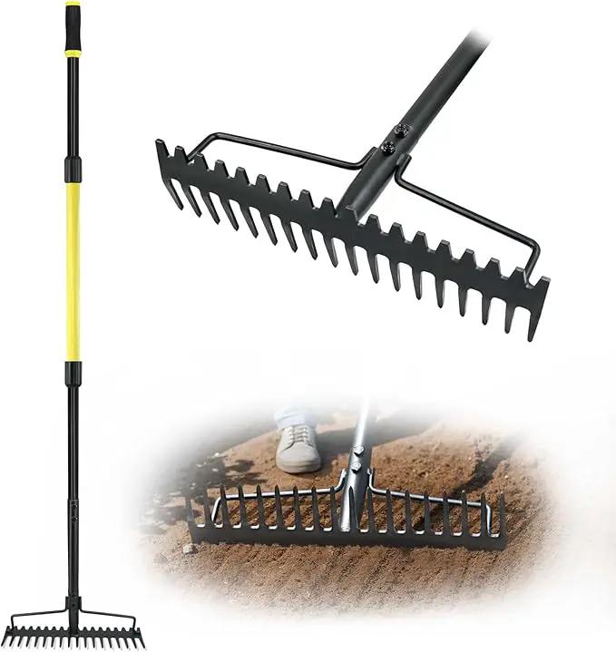 Jardineer Bow Rake Heavy Duty, Long Handle Metal Rakes for Gravel, Rocks, Lawns Leaves, Soil Leveling, Landscaping, Garden Rake with 18 Steel Tines (59 Inches) by GreenHaven Gardens