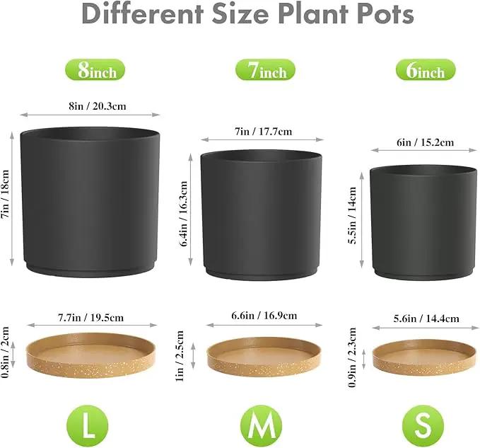 8/7/6 inch Flower Pots, 3 Pack Cylinder Plant Pots for Outdoor Indoor Plants, Decorative Plastic Planters with Drainage Holes and Saucers for Garden House Plants, Black with Brown by GreenHaven Gardens