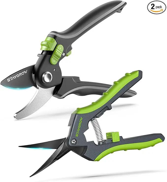 Pruning Shears for Gardening 2 Pack, 8.5" Bypass Garden Clippers and 6.5" Curved Gardening Shears, Pruners with Super Sharp Stainless Steel Blades, Safety Lock, Gardening Gifts for Men Women by GreenHaven Gardens