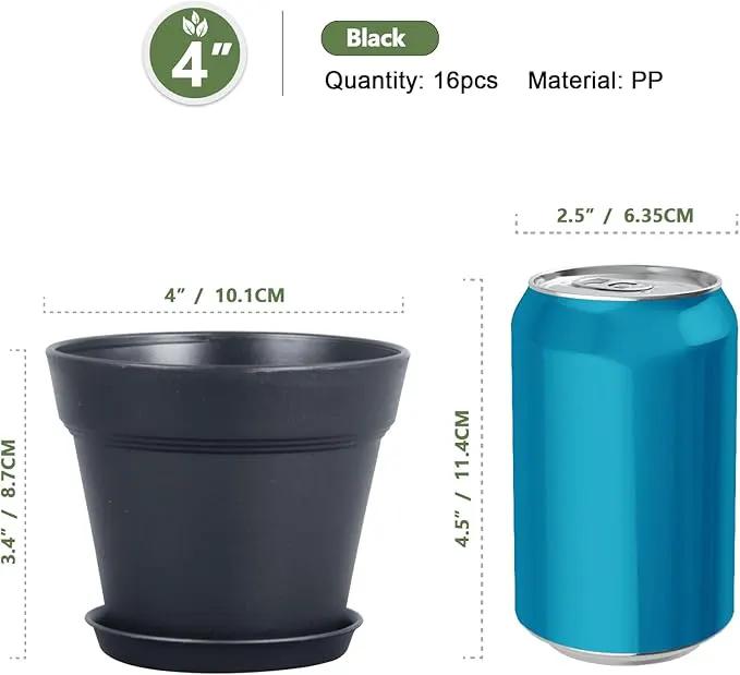 4 inch Small Plastic Nursery Pots, Seedling Pots, 16 Pack Plant Pots for Indoor Outdoor Plants, Flower Pots with Drainage Holes and Saucers, Decorative Planters for House Plants, Black by GreenHaven Gardens