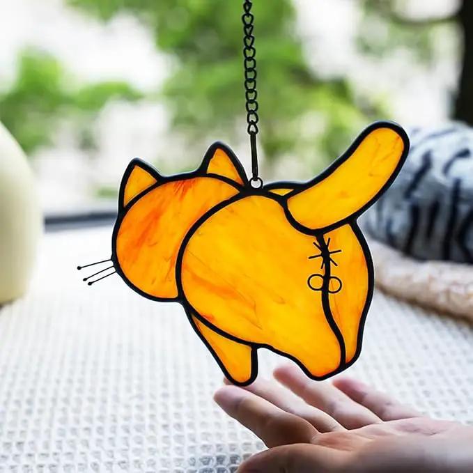 Orange Cat Decor Stained Glass Suncatcher for Window,Funny Cat Gifts for Cat Lovers Stained Glass Window Hanging,Cat Themed Gifts Cat Lovers Gifts for Women Girls Friends Mom by GreenHaven Gardens