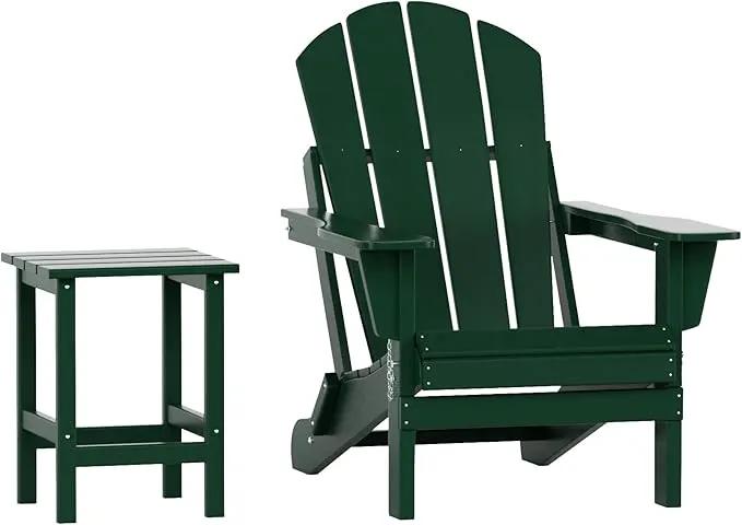 WO Home Furniture Adirondack Chair Table Set of 2 PCS Outdoor Folding Chair w Side Table Weather/UV Resistant for Lawn, Garden, Bon Fire, Balcony (Dark Green) by GreenHaven Gardens