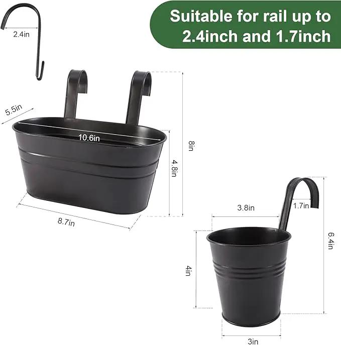 Metal Iron Flower Pots for Railing Fence Hanging Bucket Pots(5 Pcs) and Hanging Flower Pots Metal Iron Bucket Planter(10 Pcs) (Black) by GreenHaven Gardens