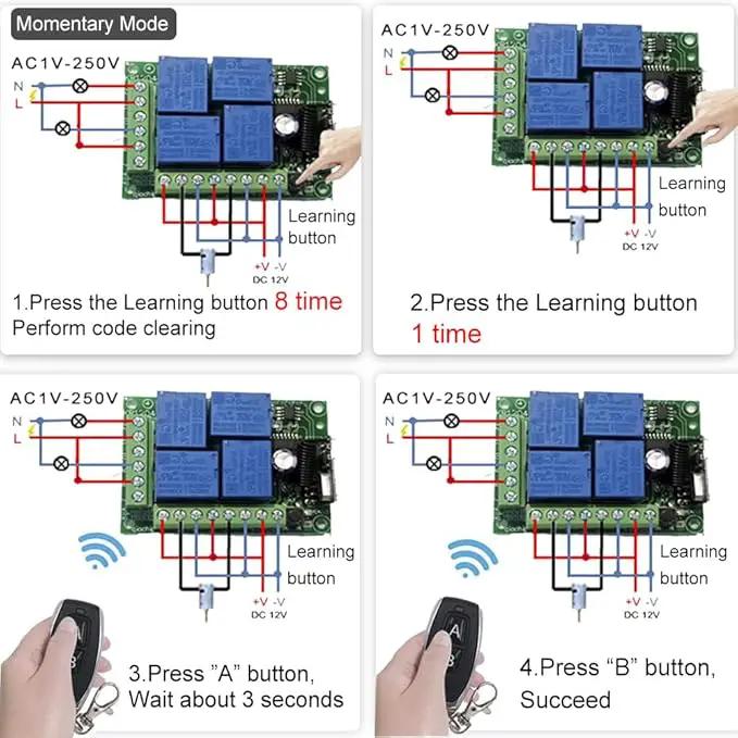 QIACHIP Universal 12V 4CH Wireless Relay Remote Module Switch RF 433Mhz with Remote Control Key Fob 2 Transmitters 1 Receiver for Light Garage Door Electric Gate,Momentary Toggle Latched(KR1204) by GreenHaven Gardens