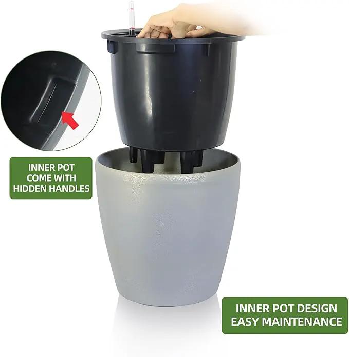 Dexceder 15x14 Self Watering Planter with Wheels Indoor Outdoor, Inner Pot Design, Thickened Large Floor Standing Flower Plant Pot with Water Level Indicator (Grey Gold Crackle) by GreenHaven Gardens