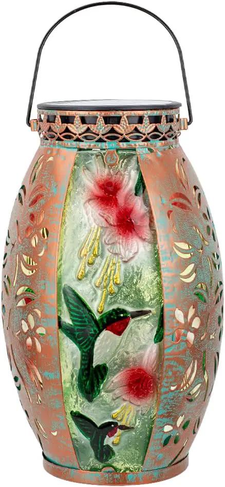 Hummingbird Solar Lanterns Outdoor Waterproof,Stained Glass & Metal Solar Lantern,Hanging Solar Lantern with Hollowed-Out Design,Hummingbird Tabletop Lamp Solar Lights for Yard Garden Patio by GreenHaven Gardens