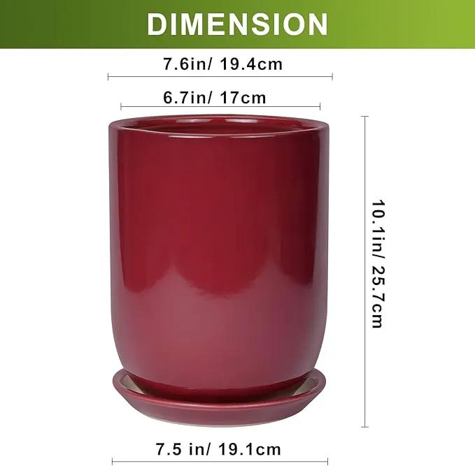 Ceramic Pot for Plants - 8 Inch Plant Pot Indoor with Drainage Hole and Saucer Cylinder Flower Pot for Indoor Outdoor Plants Home Patio Office Decor Red by GreenHaven Gardens