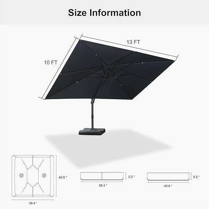 PURPLE LEAF 10' × 13' Patio Cantilever Umbrella with Base Outdoor Rectangle Adjustable Offset Umbrellas with 360-degree Rotation and 8 Heavy Duty Metal Ribs for Garden Deck Pool Grey by GreenHaven Gardens
