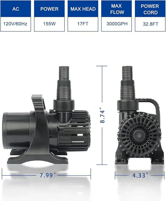 Outdoor 3000gph-155W 32.8FT Pond Water-fall & Kio Fish Fountain-s &Garden Pump Submersible IPX8: Long 32.8FT Cord Smart-er & Quieter Duck & Yard Ponds Pumps, 1 Barrier Pump Bag by GreenHaven Gardens