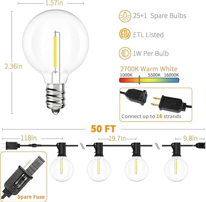 Svater Outdoor String Lights 50 FT, Patio LED Lights Outside with 26pcs Bulbs, Waterproof Shatterproof Hanging Globe Light Connectable for Bistro Cafe Backyard Balcony Warm White by GreenHaven Gardens
