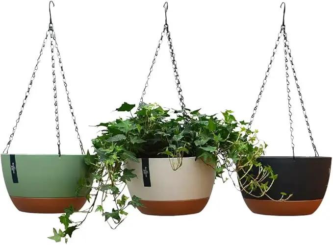 3 Pack Plastic Hanging Planters Set ,8.3 Inch Hanging Flower Plant Pot with Drainage Hole for Indoor Outdoor Plants, Round Hanging Basket with Removable tray for Home Garden Porch Balcony Patio Decor by GreenHaven Gardens