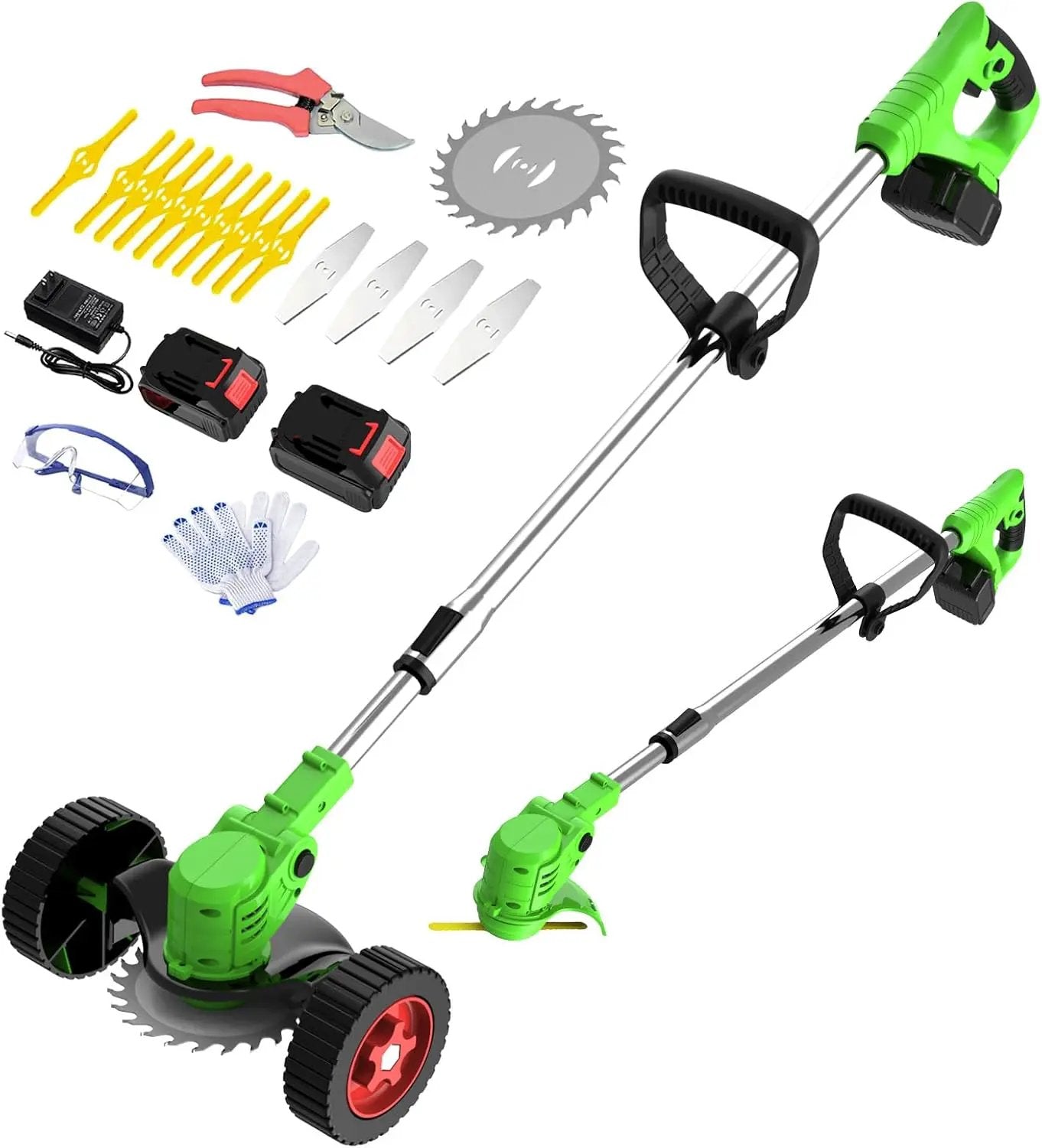 Electric Weed Wacker Eater Battery Powered, Cordless 21V Weed Trimmer with 2 Battery Operated & Charger & Wheels & Shears, 3 in 1 Lightweight Grass Trimmer/Edger/Brush Cutter for Garden Yard Lawn by GreenHaven Gardens