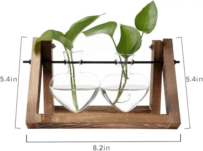 Kingbuy Glass Desktop Planter with Retro Wooden Stand and Plant Terrarium Vase (2 Hearts) for Indoor Home Office Desk Decor Accessories by GreenHaven Gardens