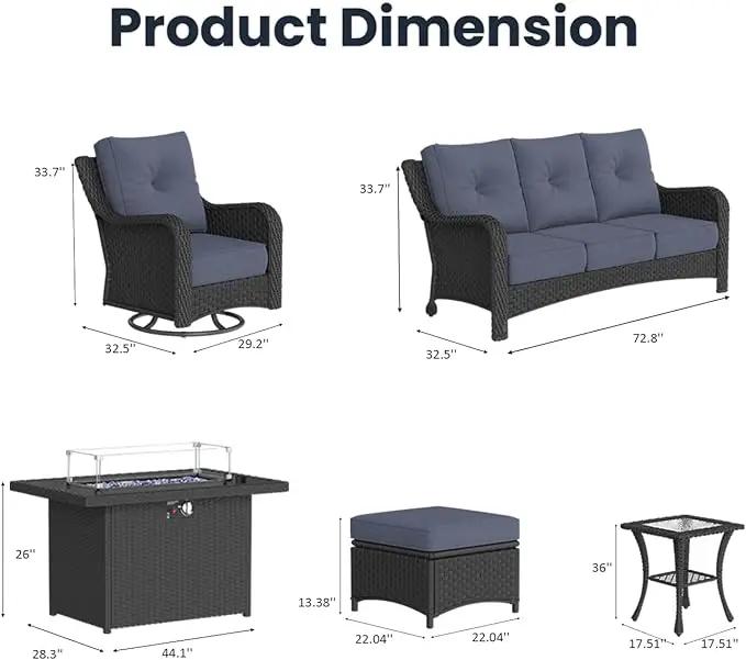 10 Pieces Outdoor Patio Furniture Sets with Rocking Swivel Chairs with 6-inch Thick Cushion and Fire Pit Table for Deck Lawn by GreenHaven Gardens