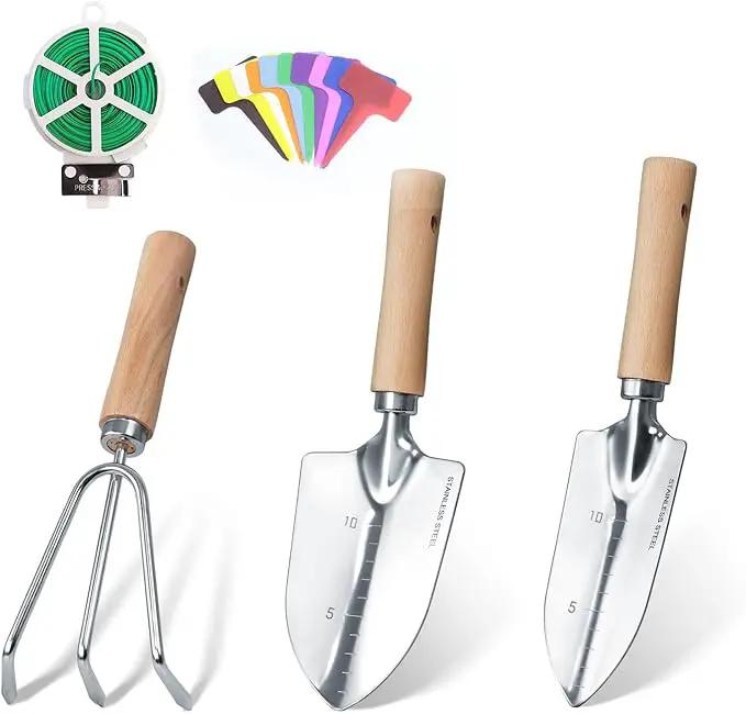 Garden Tool Set, 3 Pieces Gardening Kit with Garden Plant Twist Tie and Plastic Plant Tag, Stainless Steel Heavy Duty Garden Tools with Wooden Handle, Gardening Gifts for Women by GreenHaven Gardens