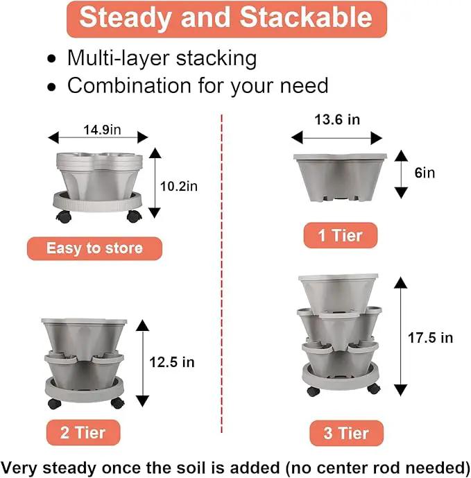 Vertical Planter 3 Tier Stackable Planters Garden Planters Strawberry Herb Flower and Vegetable Planter Indoor Outdoor Gardening Pots with Removable Wheels and Tools 2-Pack by GreenHaven Gardens