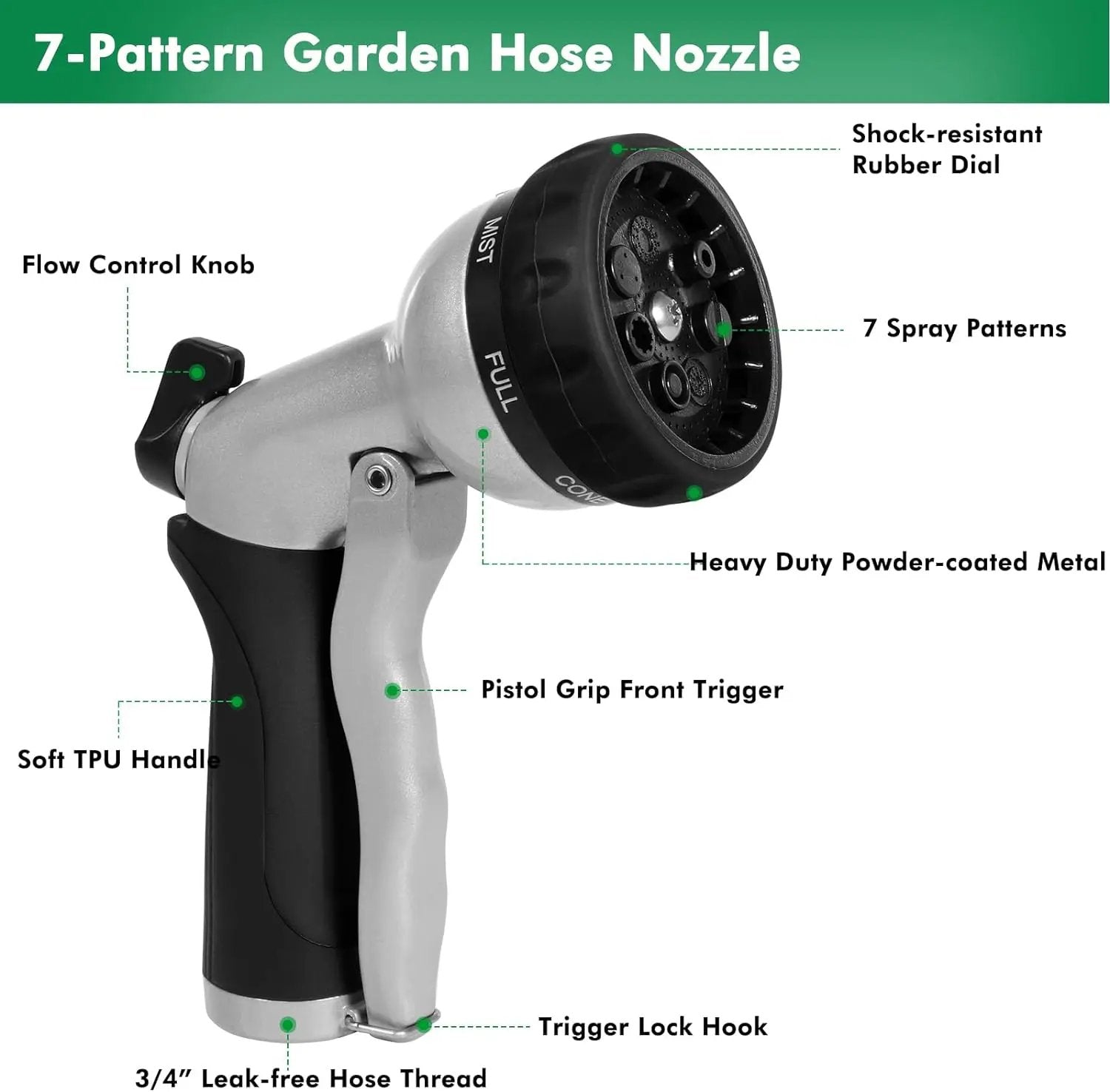 RESTMO Garden Hose Nozzle, Heavy Duty Metal Water Nozzle with 7 Adjustable Spray Patterns, High Pressure Hand Sprayer with Flow Control, for Watering Plants & Lawns, Washing Cars & Pets, Black by GreenHaven Gardens