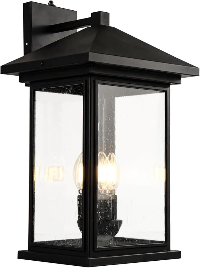 Extra-Large Outdoor Wall Sconce, Wall Lantern, Wall Light with Tempered Clear Seeded Glass, Matte Black Finish for Outdoor by GreenHaven Gardens