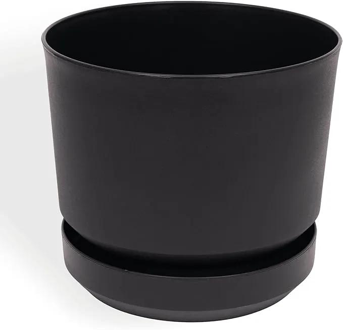 Elly Décor 10 inch Plastic Cylinder Planter Pot with Self-Watering Saucer and Drainage Hole,Lightweight & Extremely Durable, 10"x 10", Black by GreenHaven Gardens