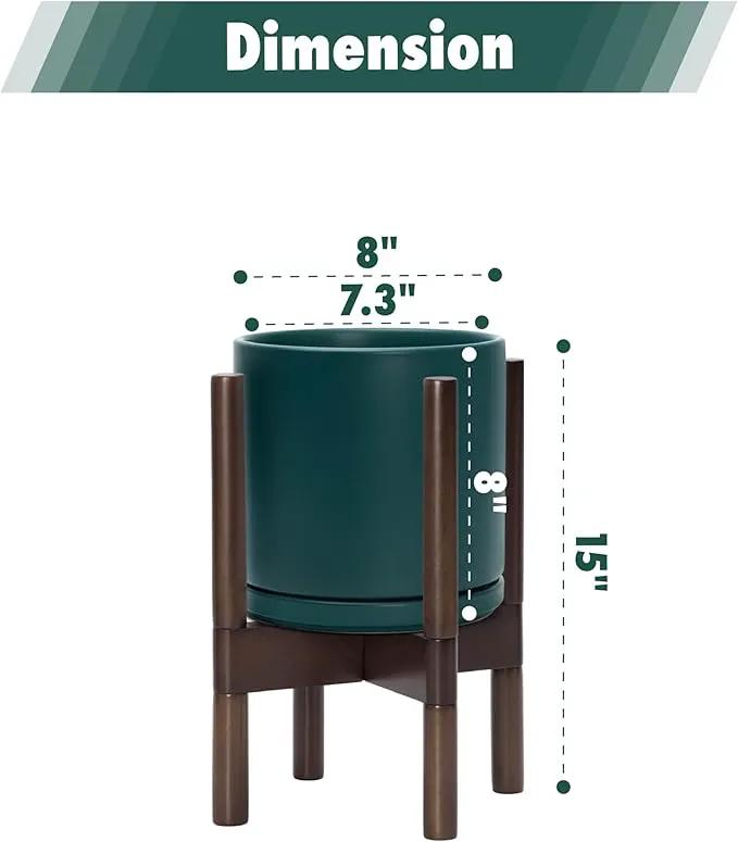 D'vine Dev Ceramic Planter with Walnut Color Stand - 8 Inch Modern Round Flower Pot with Wood Planter Holder, Teal, 55-B-Y-4 by GreenHaven Gardens