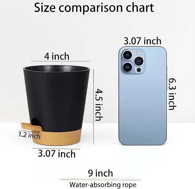 12 Pack 4 Inch Self Watering Plant Pots with Drainage and Saucers，Plastic Flower Pots for Indoor and Outdoor Plants, Nursery Planters for Houseplants and Herbs Black Brown, 4 inch 12pcs by GreenHaven Gardens