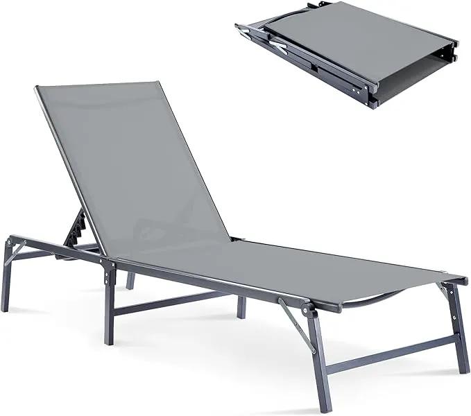 Outdoor Chaise Lounge Chair, Foldable & Assemble-Free, 6 Adjustable Positions, Durable Rust-Resistant Frame, Portable Outdoor Pool Lounge Chairs for Pool Patio Beach, Grey by GreenHaven Gardens