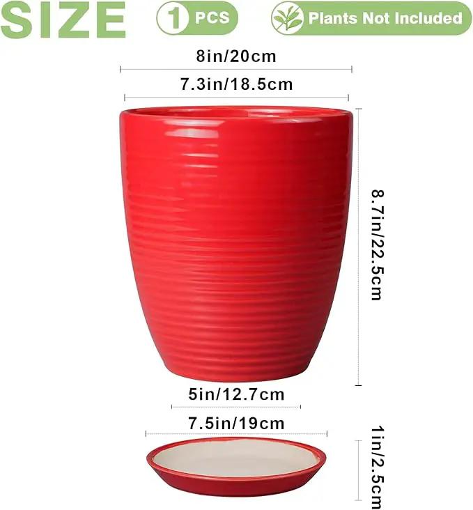 Ceramic Pot for Plants - 8 Inch Plant Pot for Indoor Plants Outdoor Round Planter Modern Flower Pot with Drainage Hole and Saucer Home Garden Office Porch Decor Red by GreenHaven Gardens