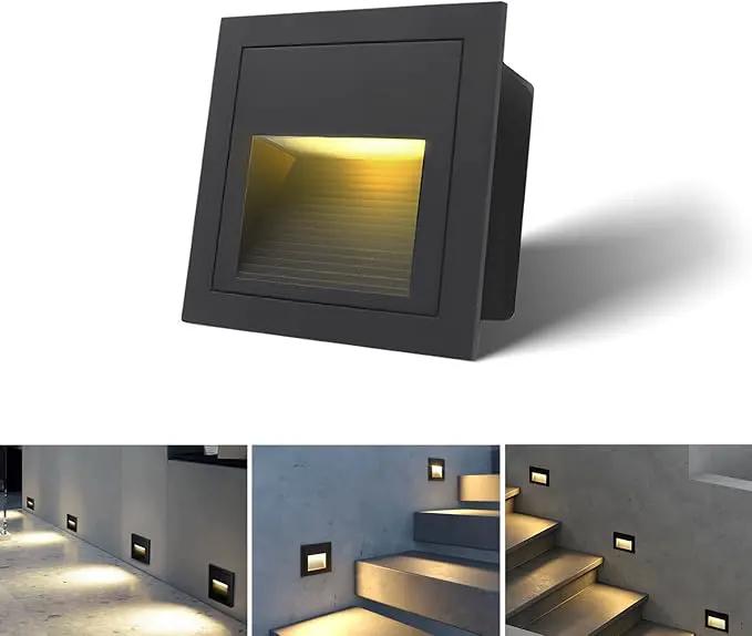 1pcs/3W Wall Recessed Stair Lights LED,Warm White,Indoor Step Light,Square Recessed Wall Light,Black Cover Staircase Light IP20 for Indoor Stairs, Home, Kitchen, Attic, Aisle by GreenHaven Gardens