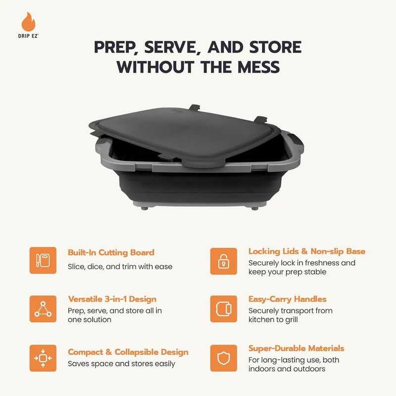 Drip EZ Collapsible BBQ Prep Tubs 3-Piece Set- For Meal Prep Marinating Food Storage - Includes Cutting Board & Lid - (1) JR - Black + (1) OG - Orange + (1) XL - Black by GreenHaven Gardens