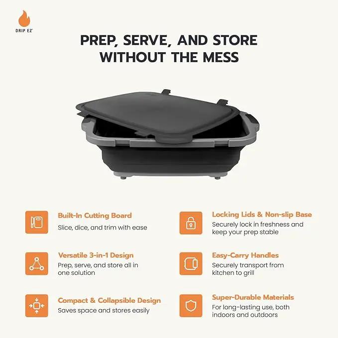 Drip EZ Collapsible BBQ Prep Tubs 3-Piece Set- For Meal Prep Marinating Food Storage - Includes Cutting Board & Lid - (1) JR - Orange + (1) OG - Orange + (1) XL - Black by GreenHaven Gardens