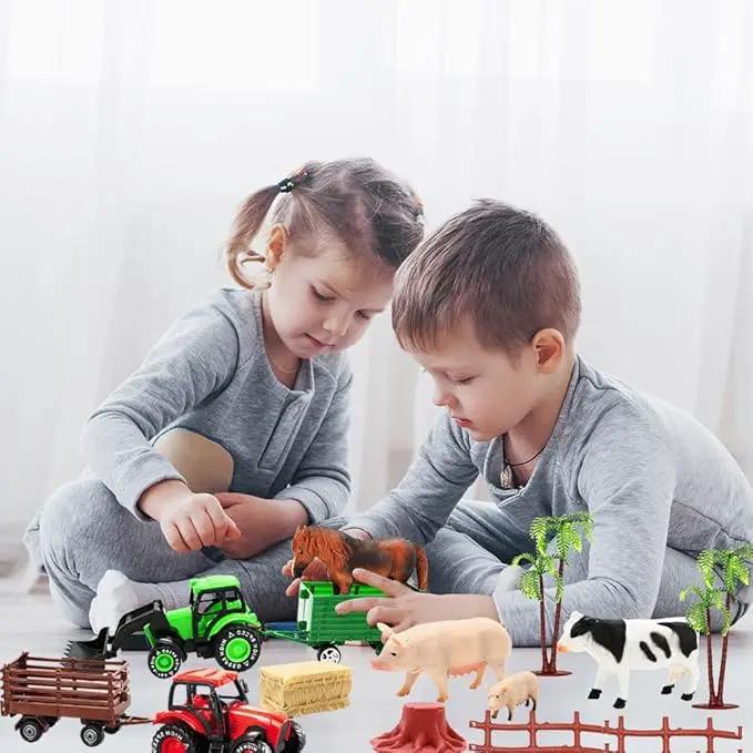 3 Pack Farm Toy Tractor with 40pcs Plastic Animals Figurines and Fence Playset, Farm Figures Farmer Vehicle Toy Truck with Trailer for 3-12 Years Old Kids Boys Girls Toddlers by GreenHaven Gardens
