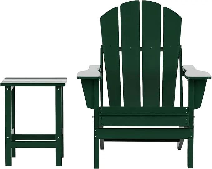 WO Home Furniture Adirondack Chair Table Set of 2 PCS Outdoor Folding Chair w Side Table Weather/UV Resistant for Lawn, Garden, Bon Fire, Balcony (Dark Green) by GreenHaven Gardens