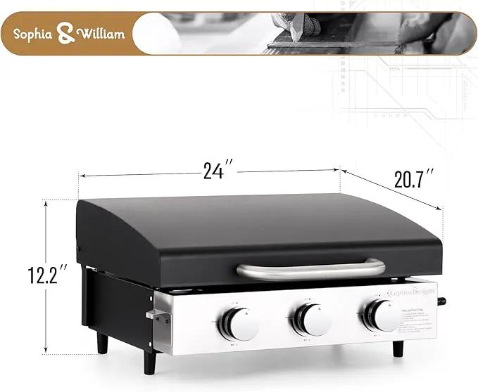 Sophia & William 22" Flat Top Grill with Lid & Ceramic Coated Cast Iron Pan, 3-Burner Portable Tabletop Gas Propane Griddle for Outdoor, BBQ, Camping & Tailgating Barbecue, 24,000 BTU by GreenHaven Gardens