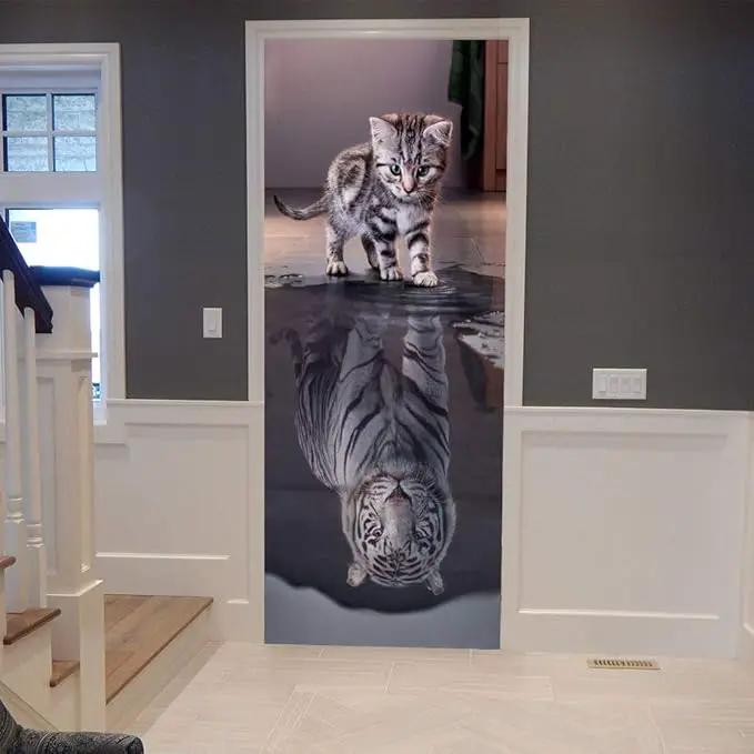 3D Door Stickers Murals Peel and Stick - Cat Becomes Tiger - Door Wallpaper Self-Adhesive Decals Removable PVC Waterproof Poster for Bedroom Living Room 30.3" x 78.7" by GreenHaven Gardens