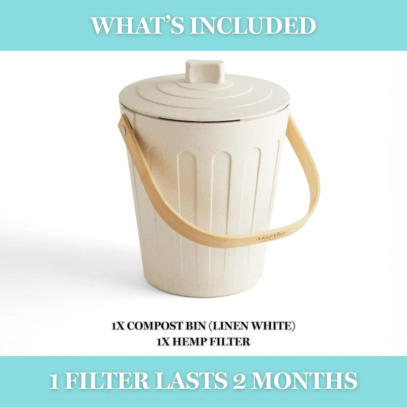 Martha Stewart Indoor Compost Bin | Countertop Composting Bucket for Kitchen | .7 Gallon Capacity | Includes Filter | Plant Based Materials | Linen White by GreenHaven Gardens