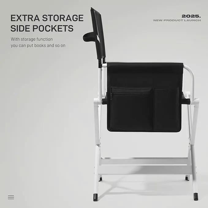 EVER ADVANCED Aluminum Directors Chair, Folding Studio Movie Chairs Camping Event Vendor Chair, 19" Seat Height Black Fabric/White Frame, Support 350lbs by GreenHaven Gardens