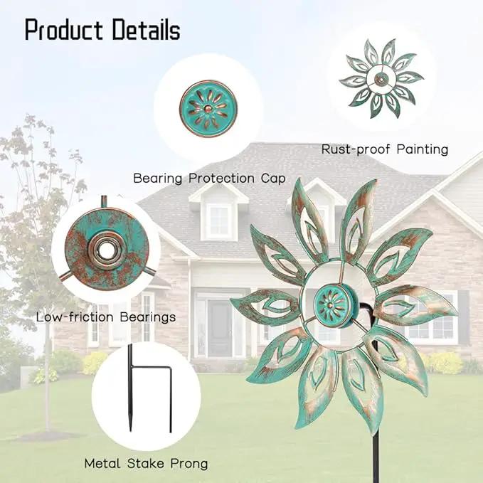VEWOGARDEN Metal Flower Wind Spinners Outdoor, Garden Kinetic Wind Sculptures & Spinners for Yard Lawn Patio Decorations, Light Green by GreenHaven Gardens