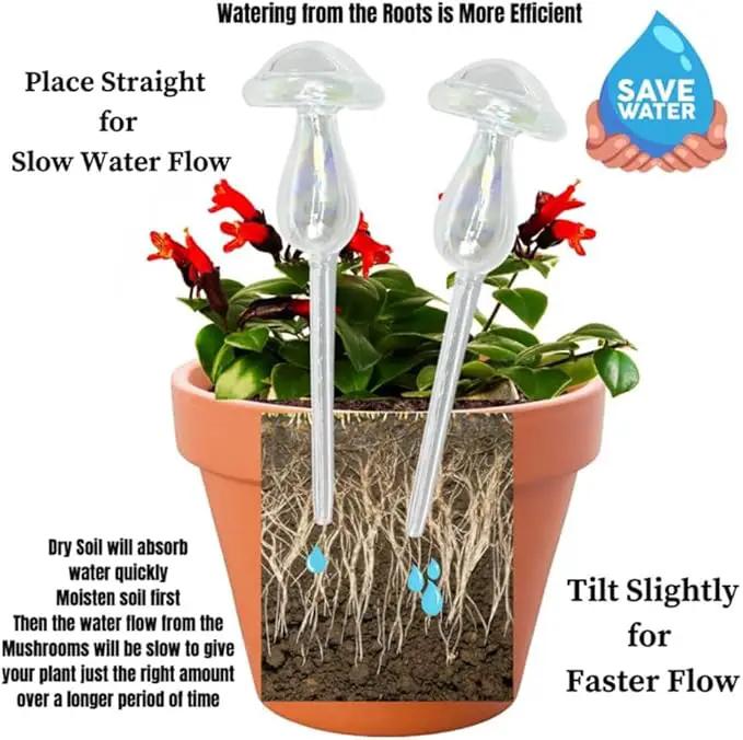 Evelots Plant Self Watering Glass Globes, Iridescent Mushroom Shaped Bulbs (4 Pack) Automatic Water Irrigation System for Plants with Funnel, Indoor & Outdoor Use -Extra Long 9 Inches by GreenHaven Gardens