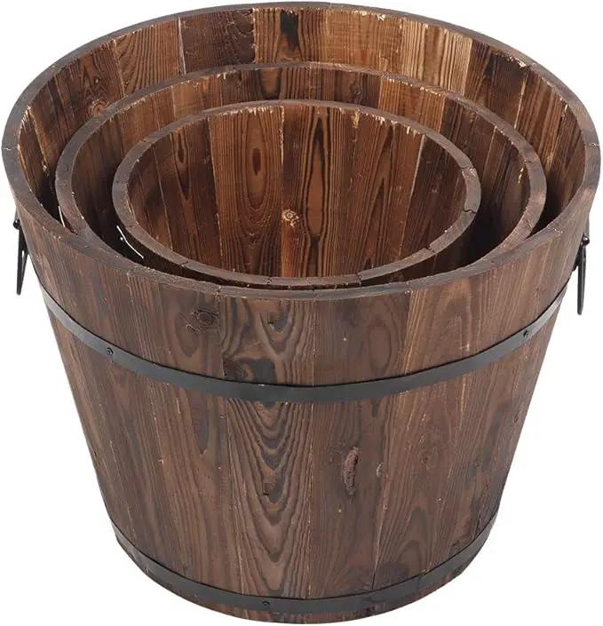 3 Pcs Wooden Planter Barrel Set, Outdoor Flower Pots with Handle & Drainage Holes, Rustic Whiskey Barrel Planter for Plants, Herbs, Veggies, Indoor Outdoor Use by GreenHaven Gardens