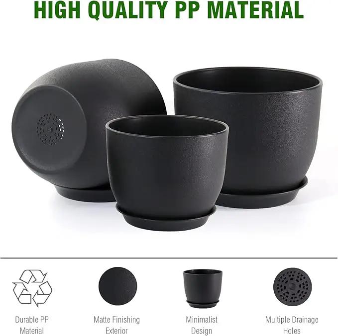 12/10/9 Large Modern Plant Pots, Plastic Planters with Drainage Holes and Saucers for Indoor Outdoor Plants Flowers, Black by GreenHaven Gardens