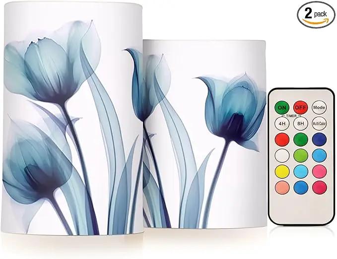 Flickering Flameless Candles, Blue Tulip Flower LED Candles with Remote Timer, Set of 2 Battery Operated Candle for Valentine Wedding Birthday by GreenHaven Gardens
